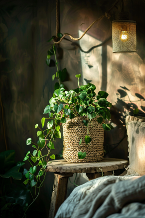 A variety of vine plants hanging indoors, suited for low light.