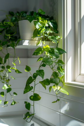 A variety of hanging plants thriving in low light conditions.